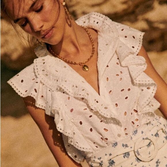 Sezane Tops - Sezane White Chiara Eyelet Ruffled Cotton Blouse, Size 38